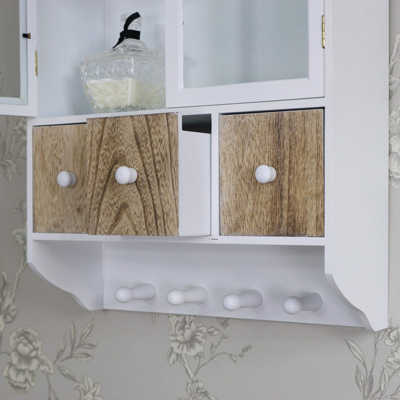White Wooden Wall Cabinet with 3 Drawers and Hooks