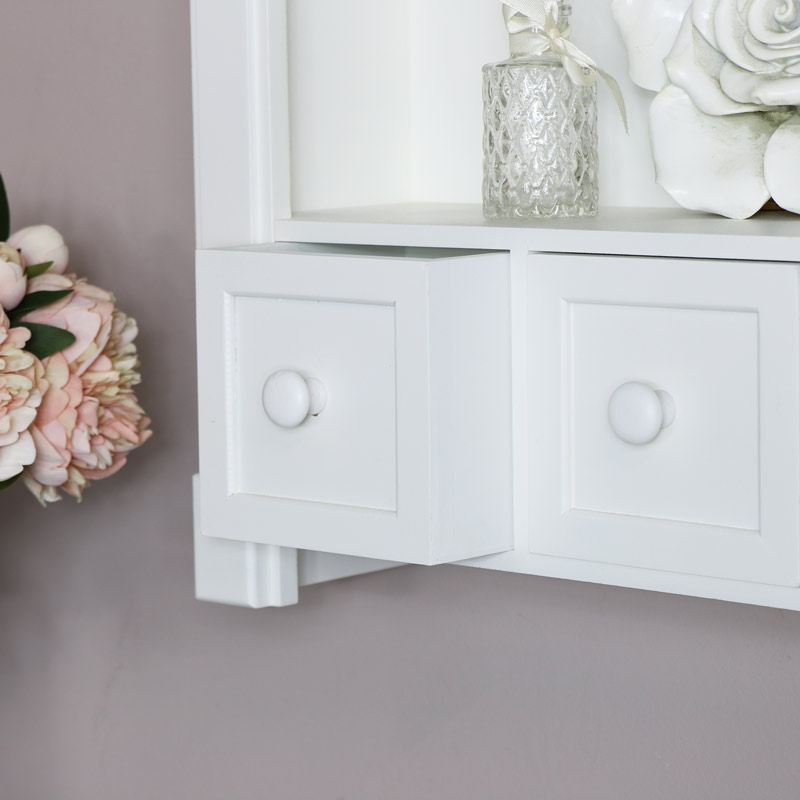White Wooden Wall Shelves with Drawer Storage