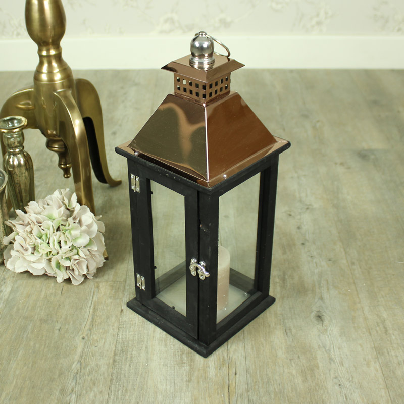 Wooden Black Copper Topped Candle Lantern