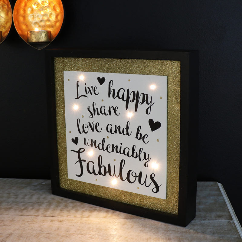 Wooden Framed LED Light Up Plaque "Live Happy....."