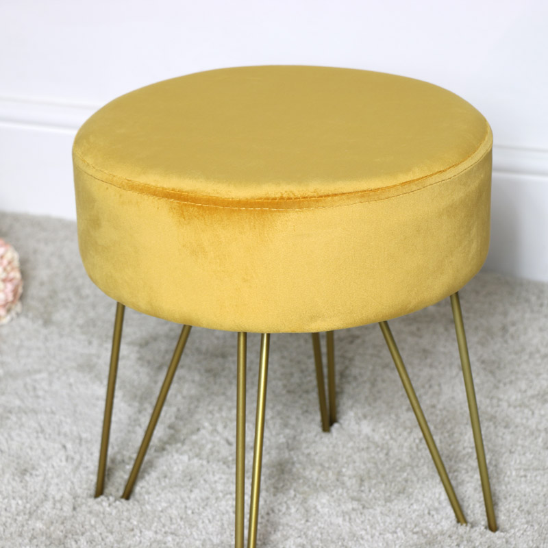 Yellow Velvet Stool with Gold Legs