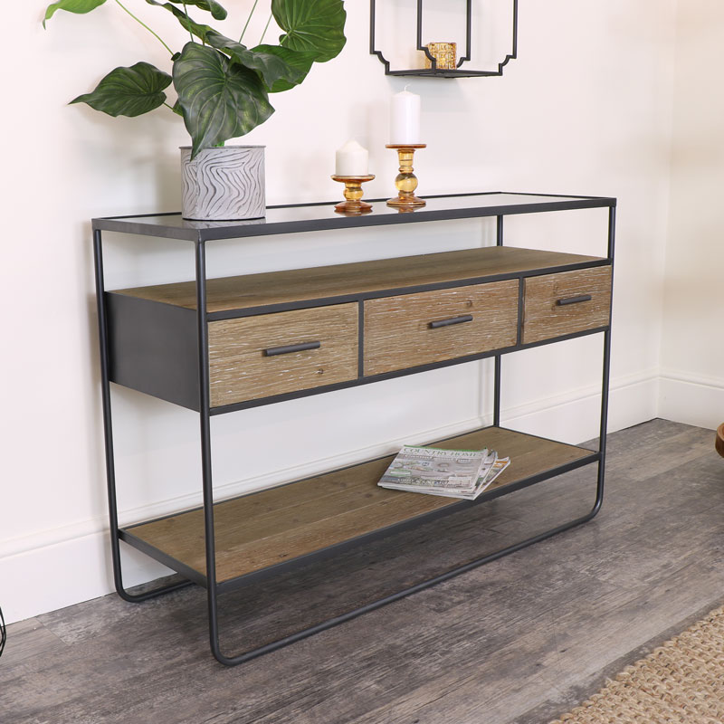 Large Industrial Grey Console Table with Shelves