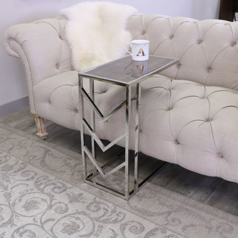 Silver Metal & Glass Leather Side Table 