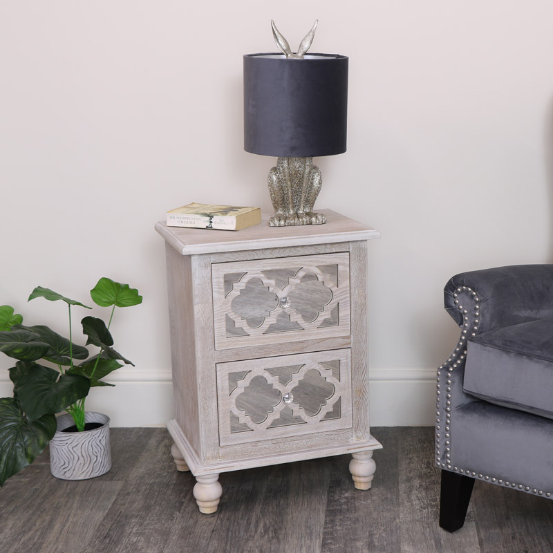 Wooden Lattice Mirrored Bedside Table