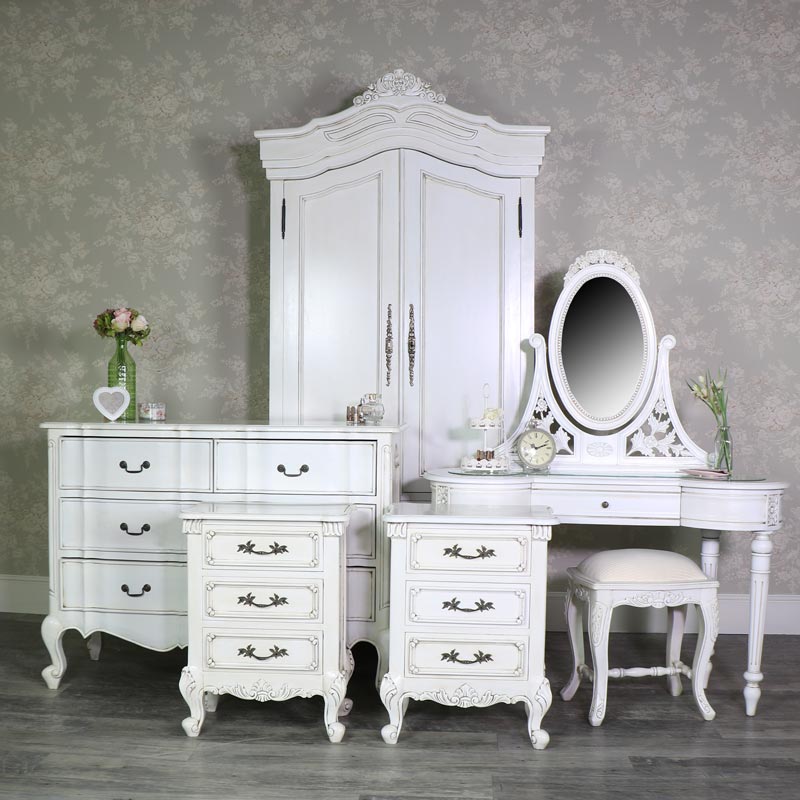 Antique Cream Wardrobe, Dressing Table Set, Chest of Drawers, Pair of Bedsides - Limoges Range