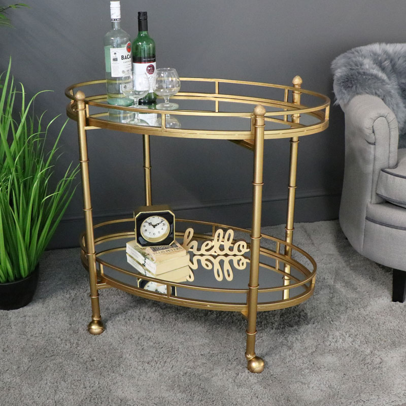 Antique Gold 2 Tier Mirrored Drinks Serving Trolley
