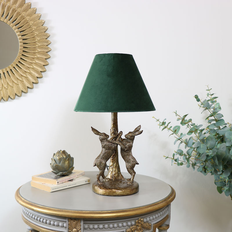 Antique Gold Hares Table Lamp with Green Shade