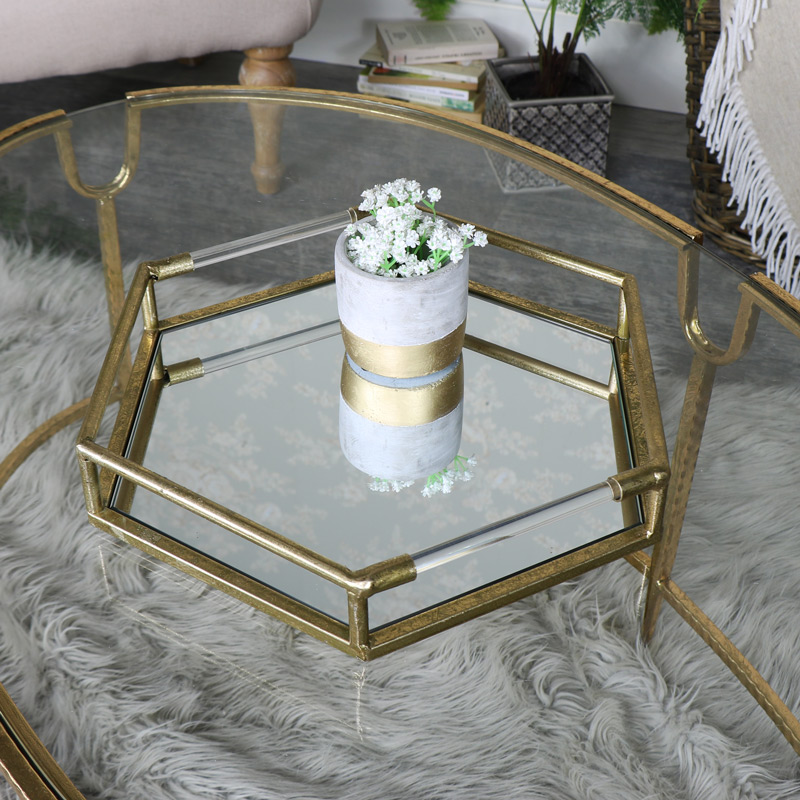 Antique Gold Hexagonal Mirrored, Large Gold Mirrored Cocktail Tray