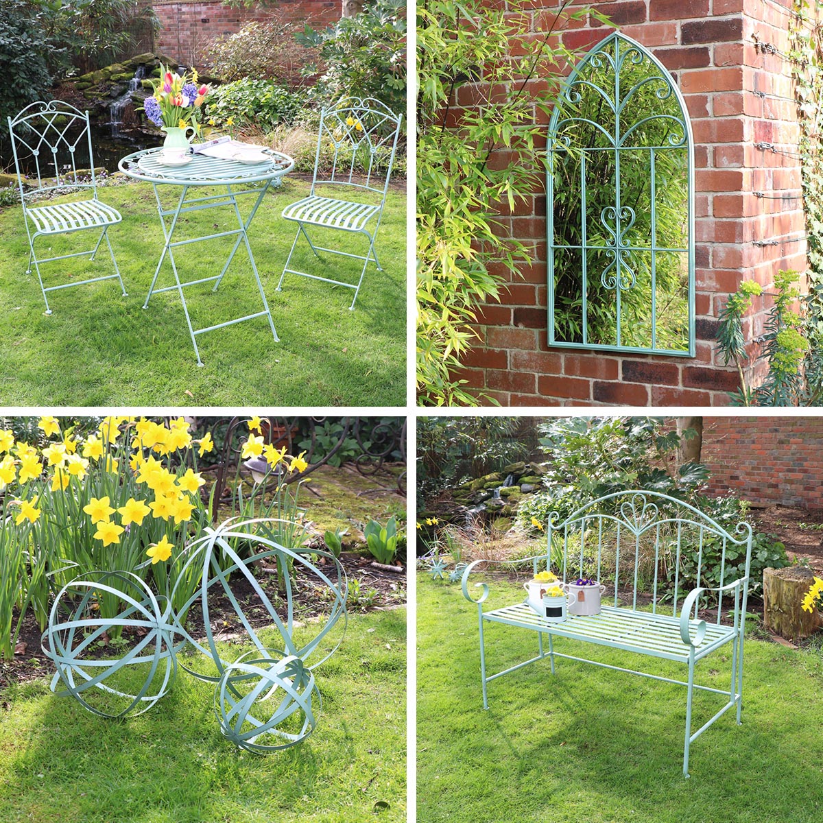 Antique Sage Green Bistro table, Arched Mirror, Bench & Lattice Sphere Garden Furniture set 