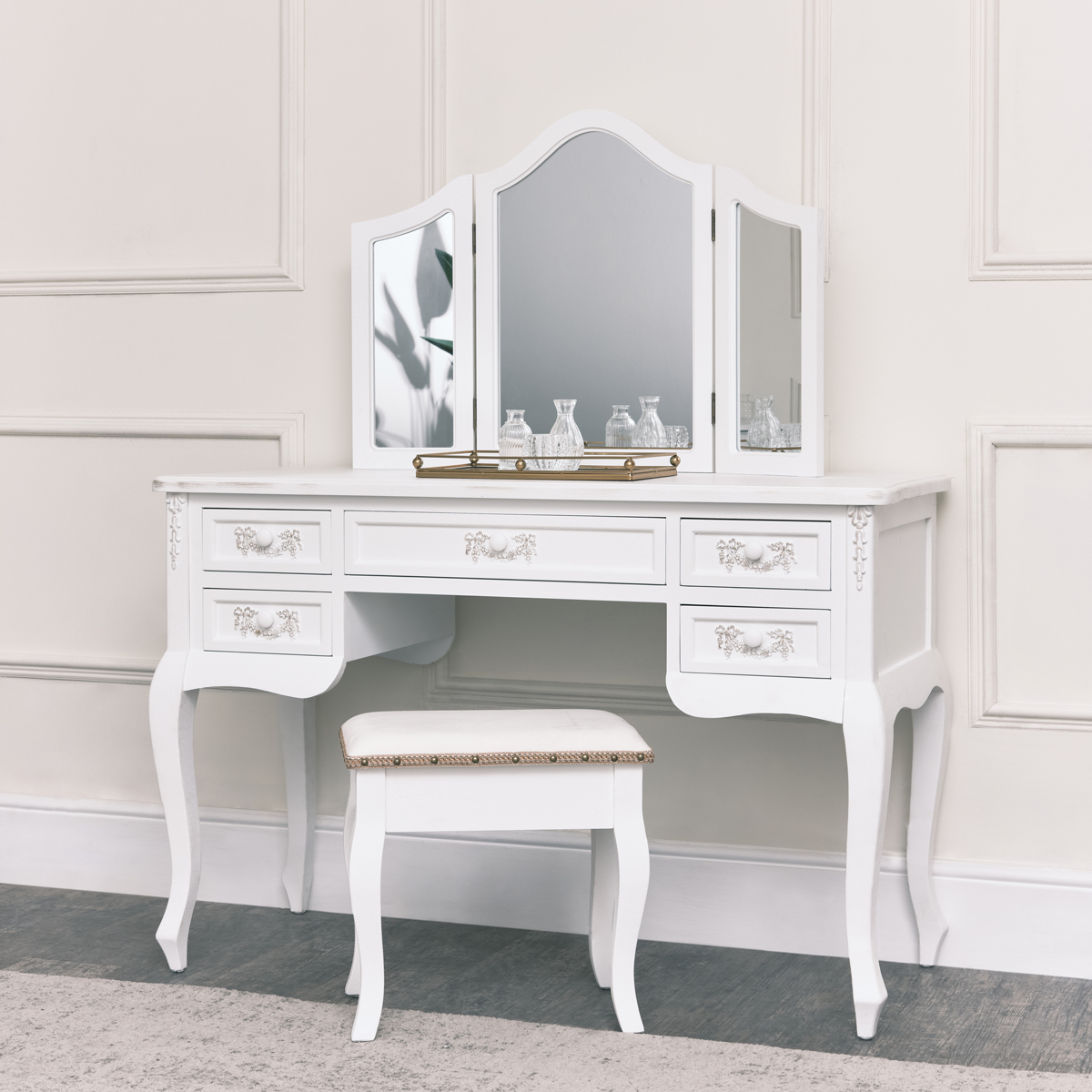 Antique White Dressing Table Desk with Triple Mirror and Stool Pays