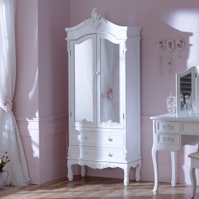 Antique White Mirrored Closet Pays, White Mirrored Wardrobe With Drawers