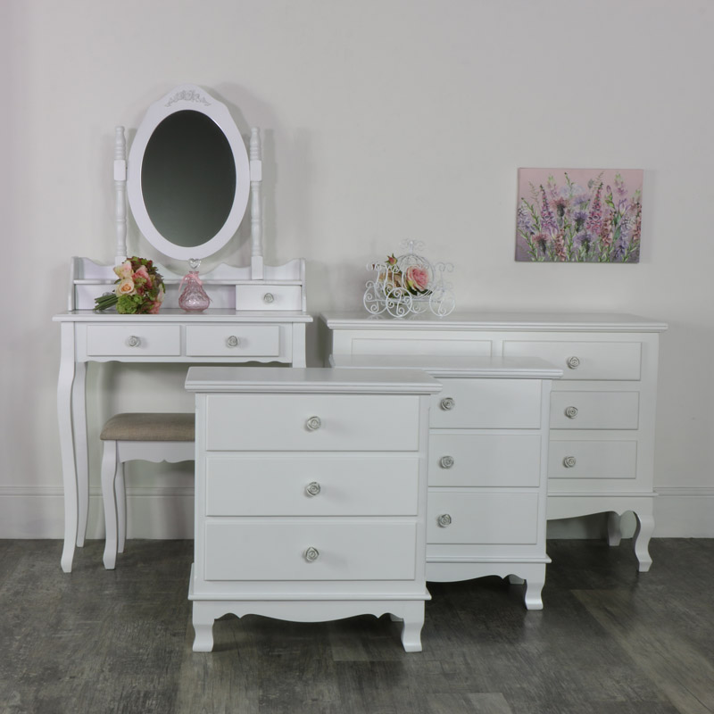 White Bedroom Set, Dressing Table Set, Chest of Drawers and a Pair of Bedside Chests - Lila Range