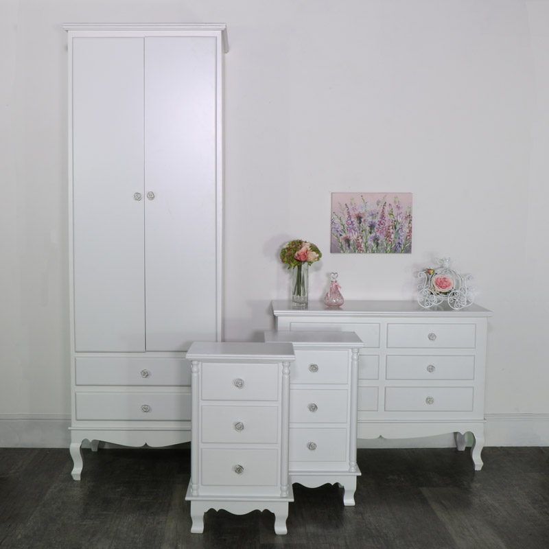 White Bedroom Set, Wardrobe, Chest of Drawers and a Pair of Bedside Chests - Lila Range