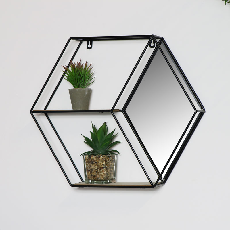 Hexagonal De Alambre De Metal Negro Estante De Pared Estanteria Estanterias Unidad De Espejo De Forma De Diamante Ebay