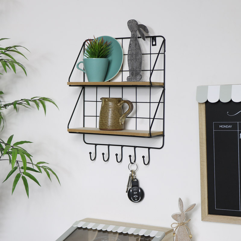 Black Metal Wire Wall Shelves with Hooks