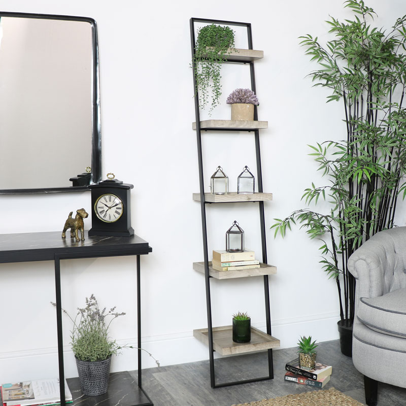 Black Metal & Wood Ladder Shelving Unit