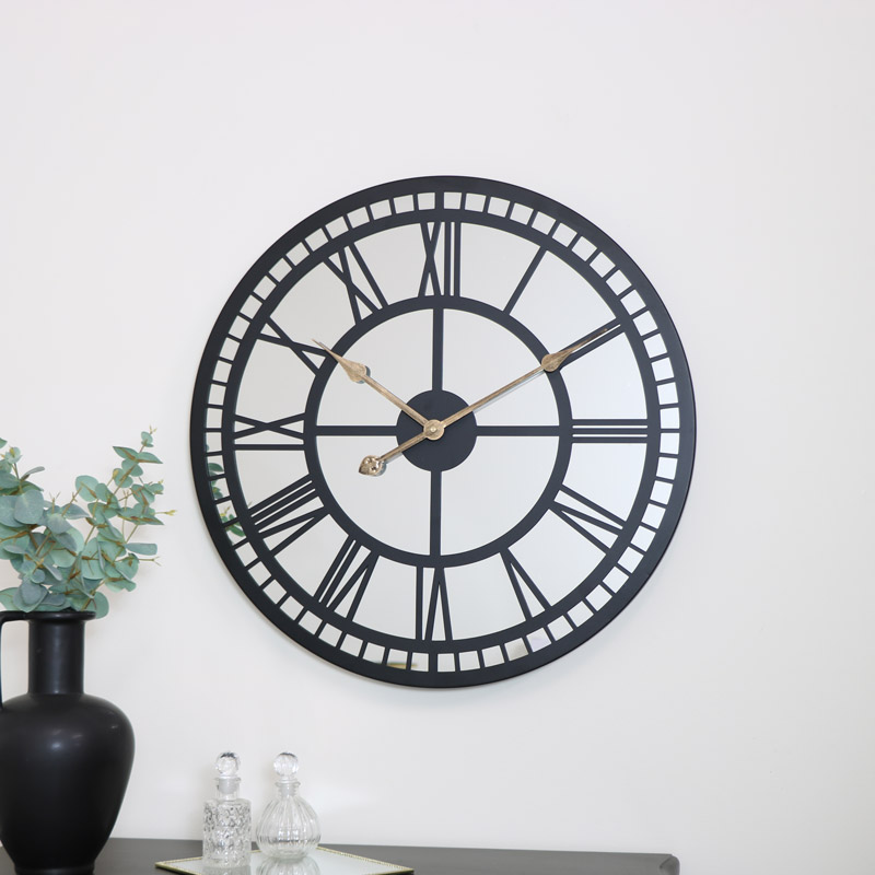 Black Mirrored Skeleton Clock 60cm X Black Mirrored Skeleton Clock 60cm X, Quartz Black Mirrored Console Table & Mirror Set