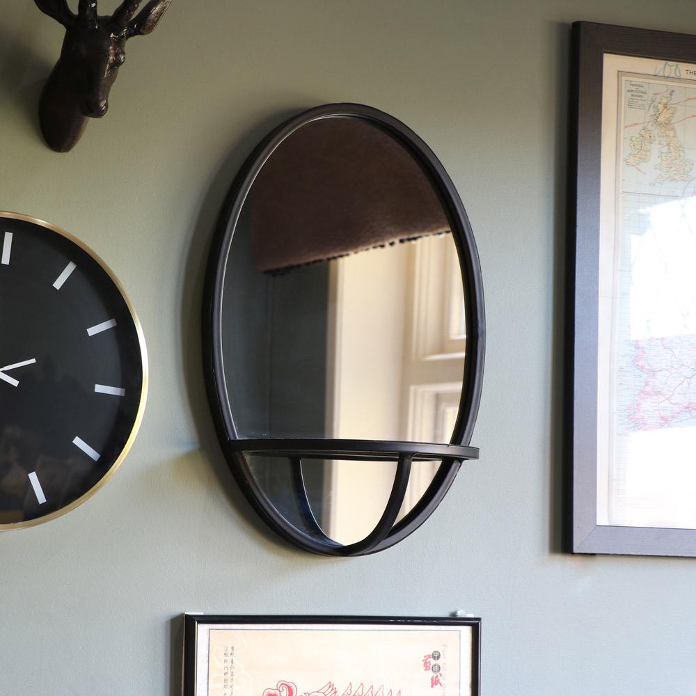 Black Oval Wall Mirror with Shelf