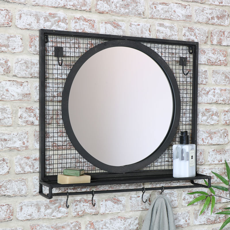 Black Wall Mirror With Shelf Hooks, Distressed Black Bathroom Mirror