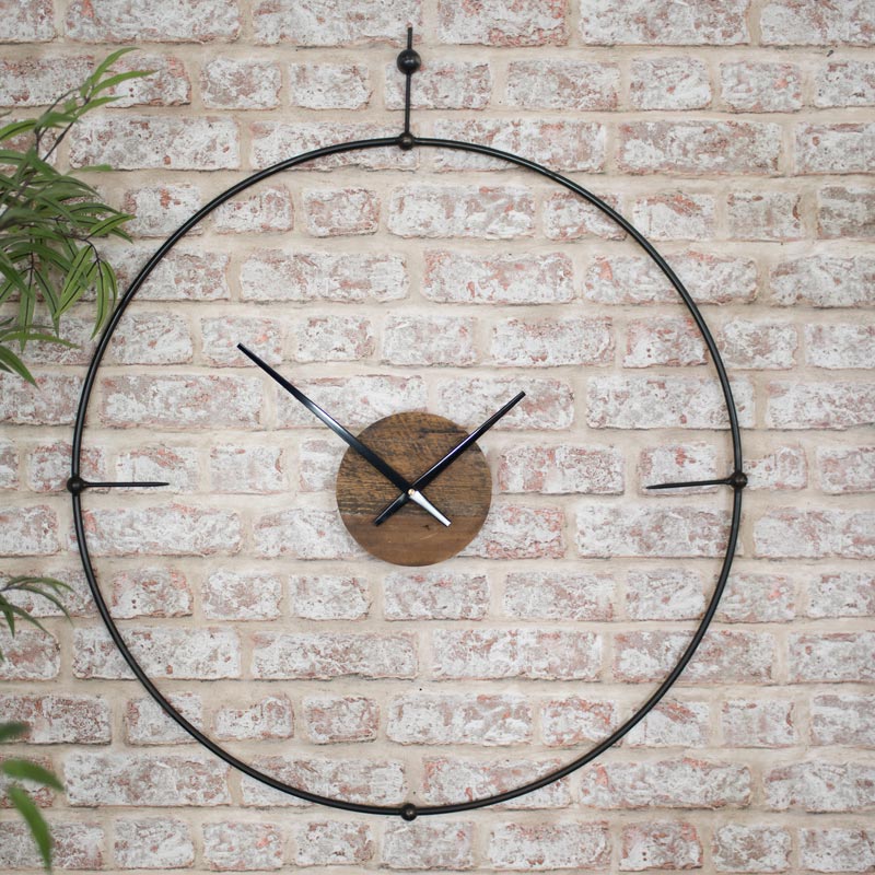 Black Wire Framed Clock with Wooden Face 71cm x 71cm