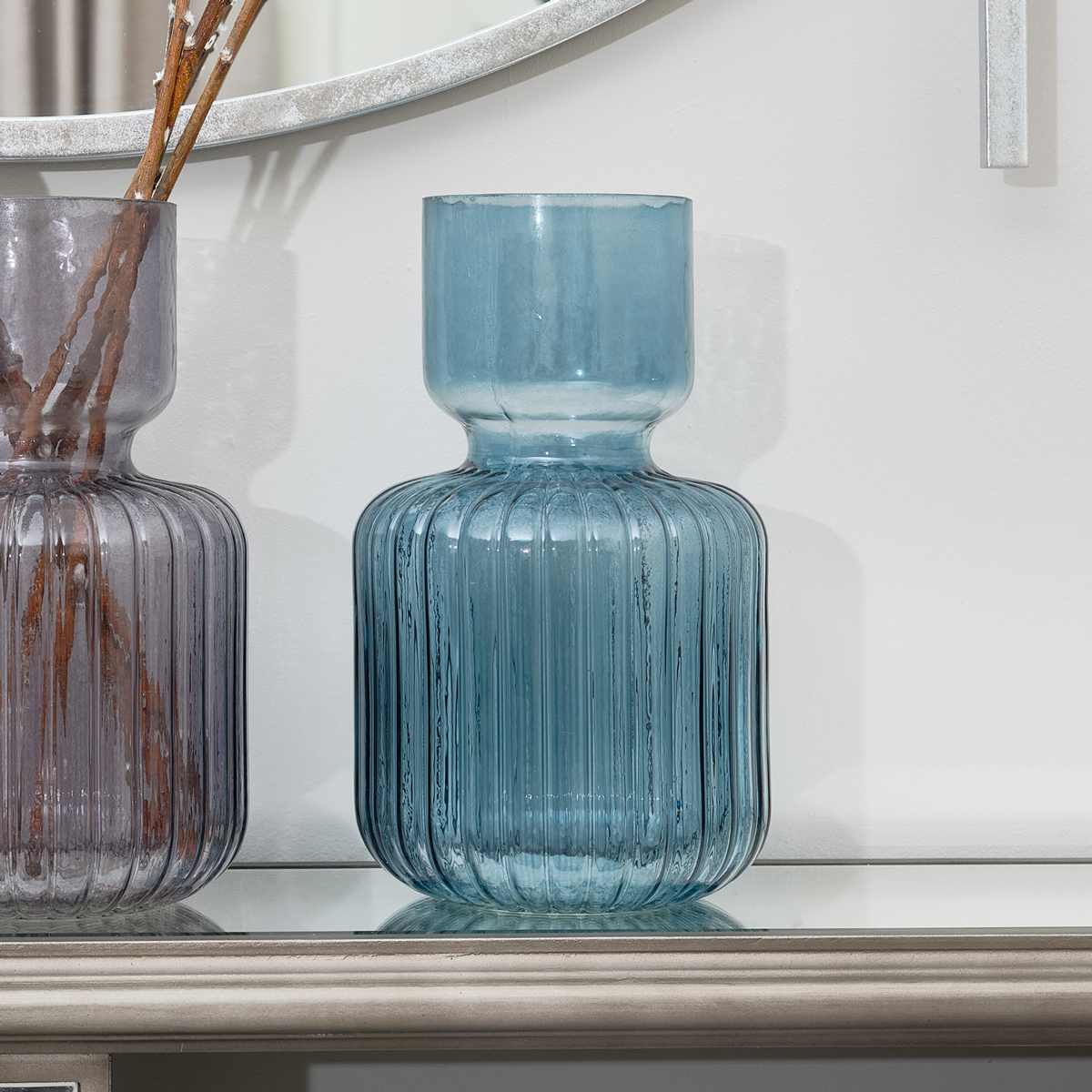 Blue Ribbed Glass Vase