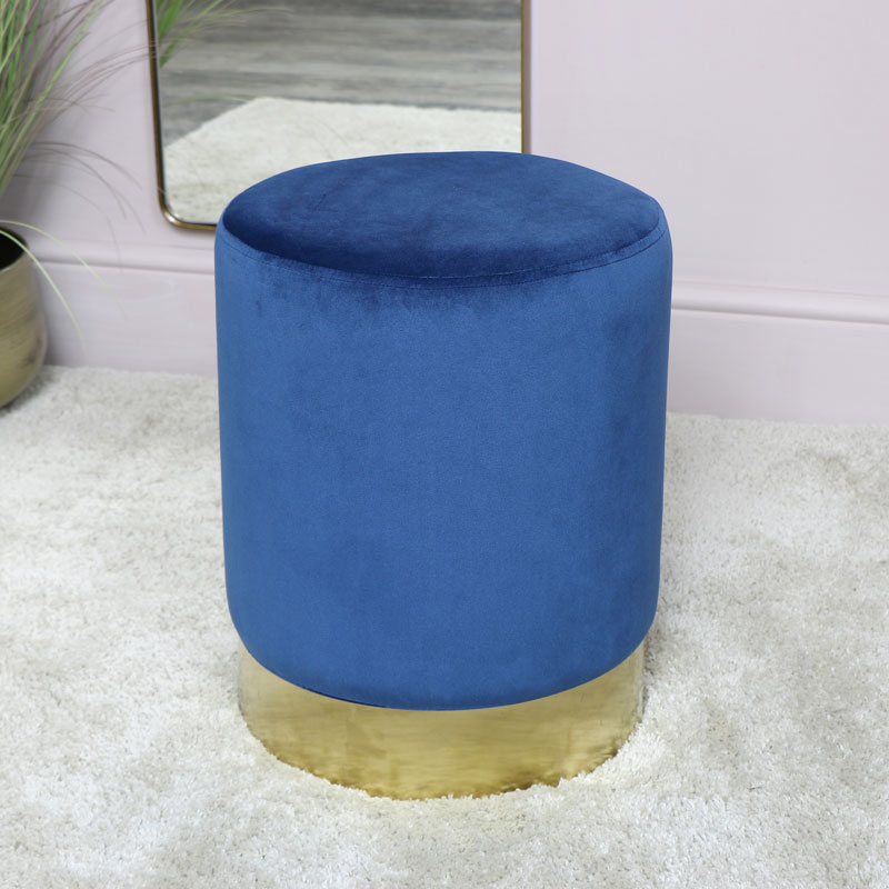 Blue Velvet Stool with Gold Base 