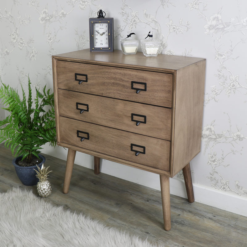 Retro Style Brown Wooden 3 Drawer Chest of Drawers - Brixham Range DAMAGED SECOND 1050