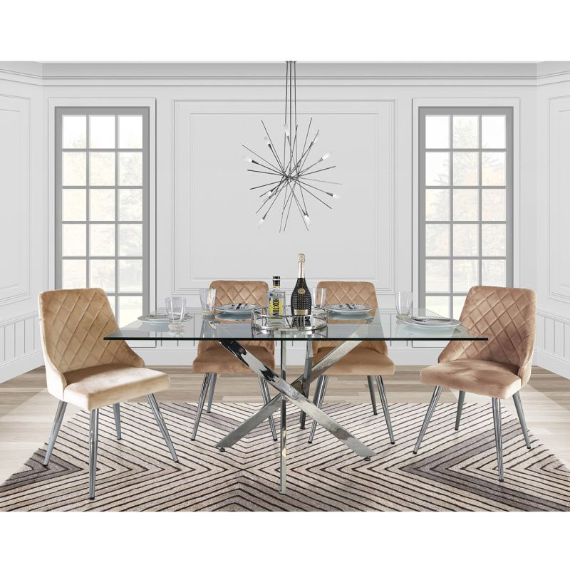 Champagne Glass & Chrome Rectangle Dining Table Set