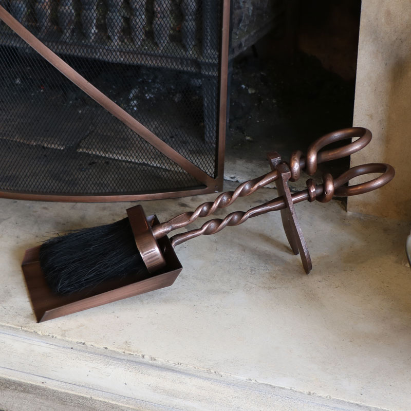 Copper Hearth Tidy Set with Twisted Loop Handle