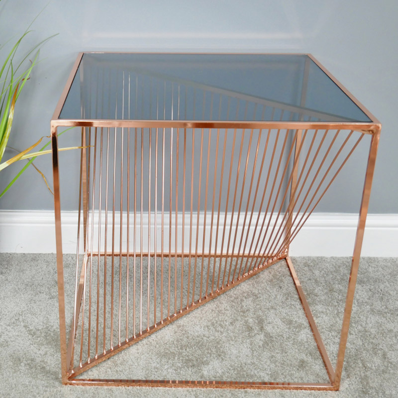 Copper Metal & Smoked Glass Side Table