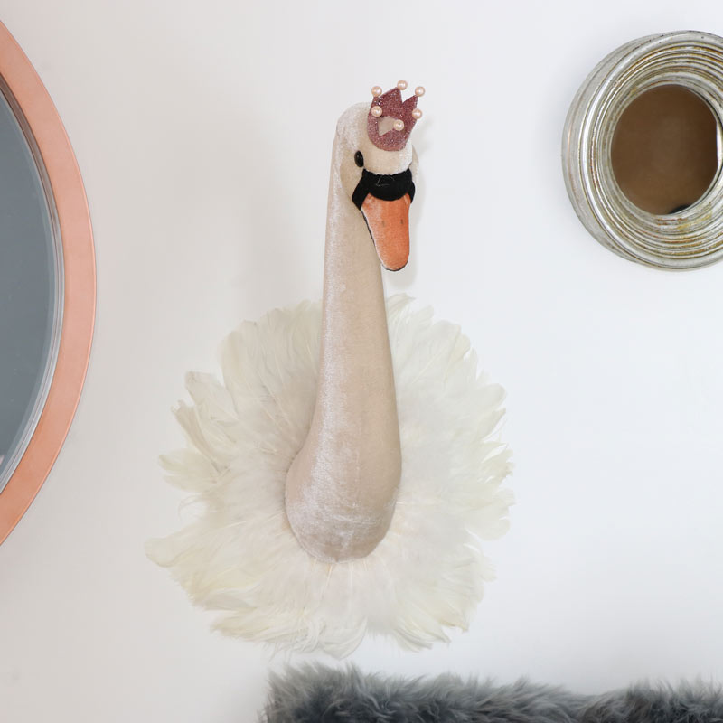 Crowned Pink Fluffy Wall Mounted Swans Head 