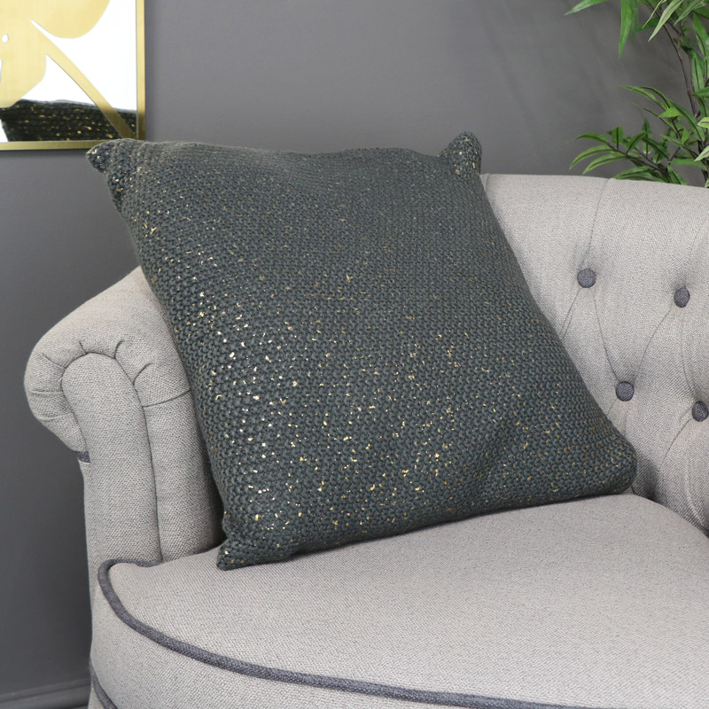 Dark Grey & Gold Square Scatter Cushion