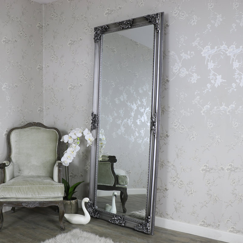 Antique Silver Full Length Wall Mirror, Large Standing Silver Ornate Mirror