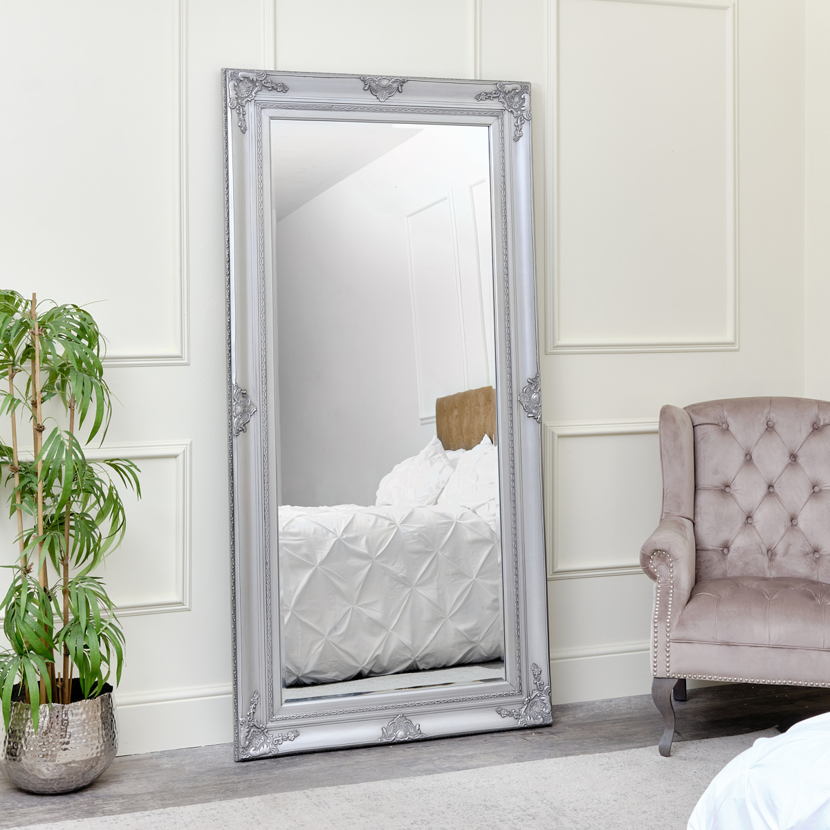 Extra Large Ornate Silver Wall Leaner Mirror