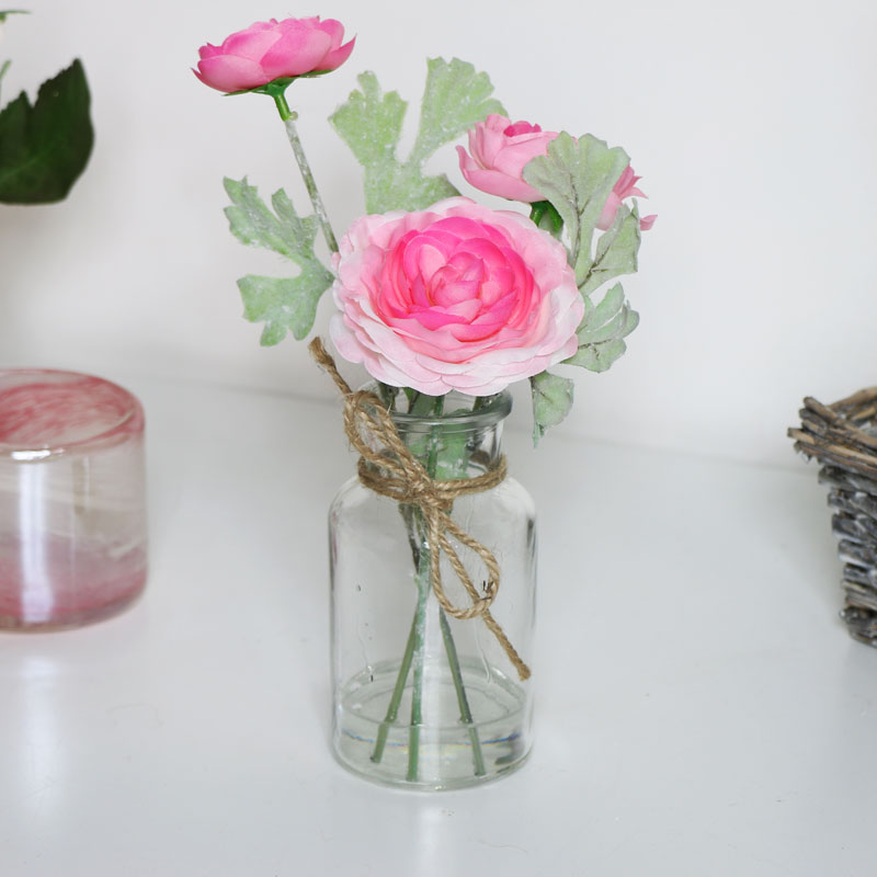 Faux Pink Flowers in Glass Jar