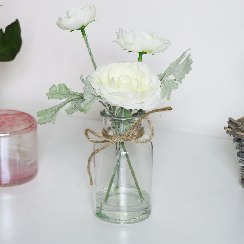 Faux White Flowers in Glass Jar
