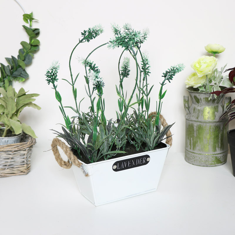 Faux White Lavender in Metal Pot