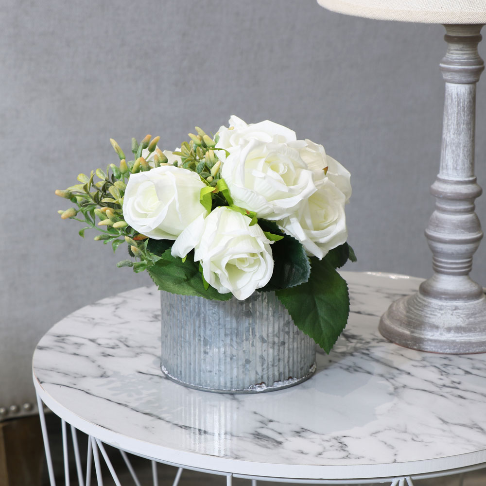 Faux White Rose Bouquet Tin 