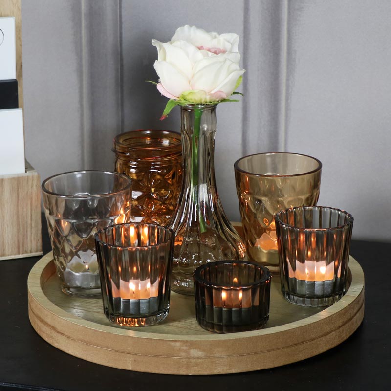 Glass Vase & Tealight Holders on Wooden Tray