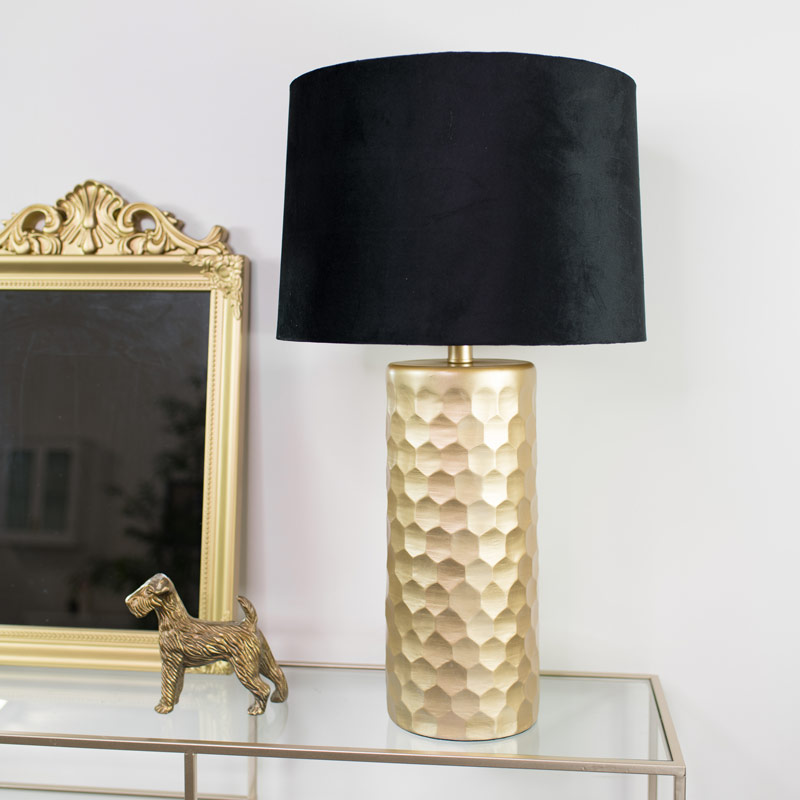 Gold Honeycomb Lamp With Black Velvet Shade, Black And Gold Table Lamp Shade