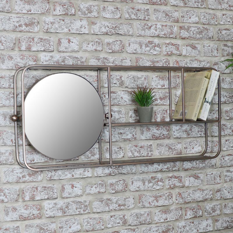 Gold Industrial Mirrored Wall Shelving Unit, Mirror Wall Shelf Unit