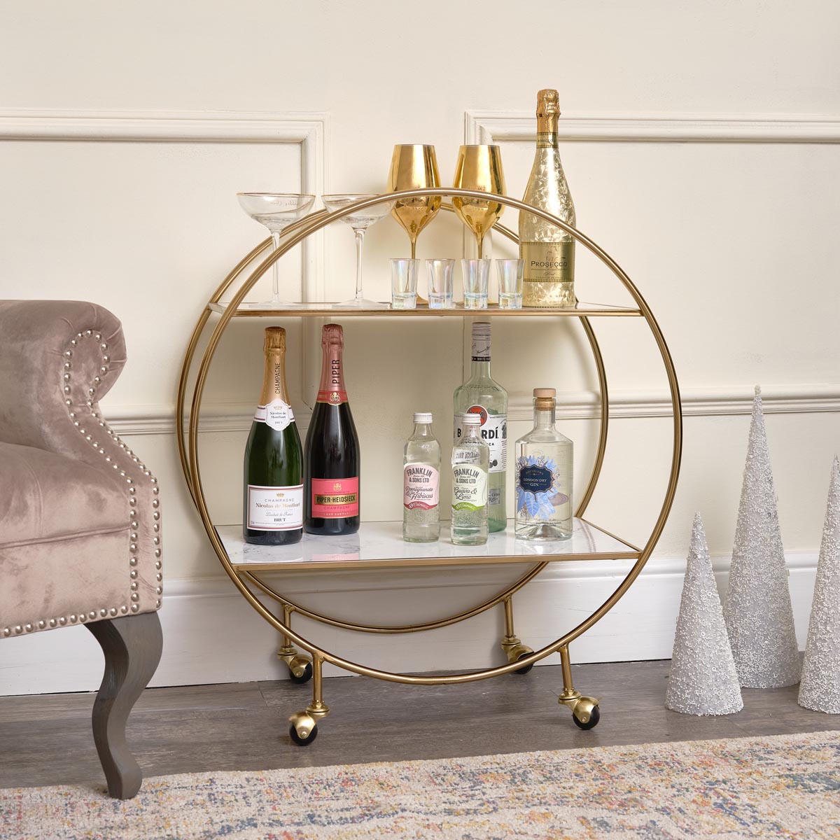 Gold Marble Round Bar Cart Drinks Trolley, Round Bar Cart Gold