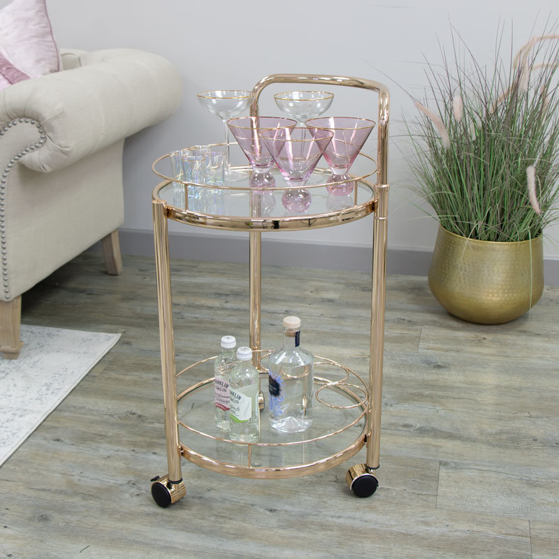 Rose Gold Metal Glass Drinks Trolley 