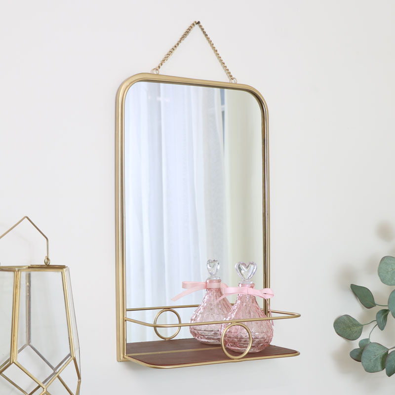 Gold Metal Hanging Mirror with Shelf 31.5cm x 50.5cm 