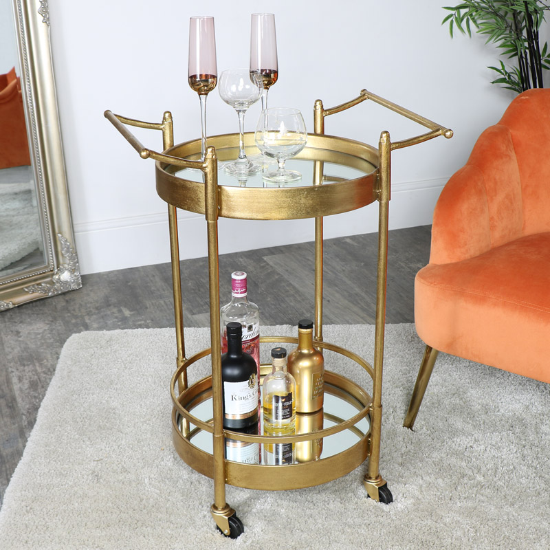 Gold Mirrored Drinks Trolley, Round Drinks Trolley Table