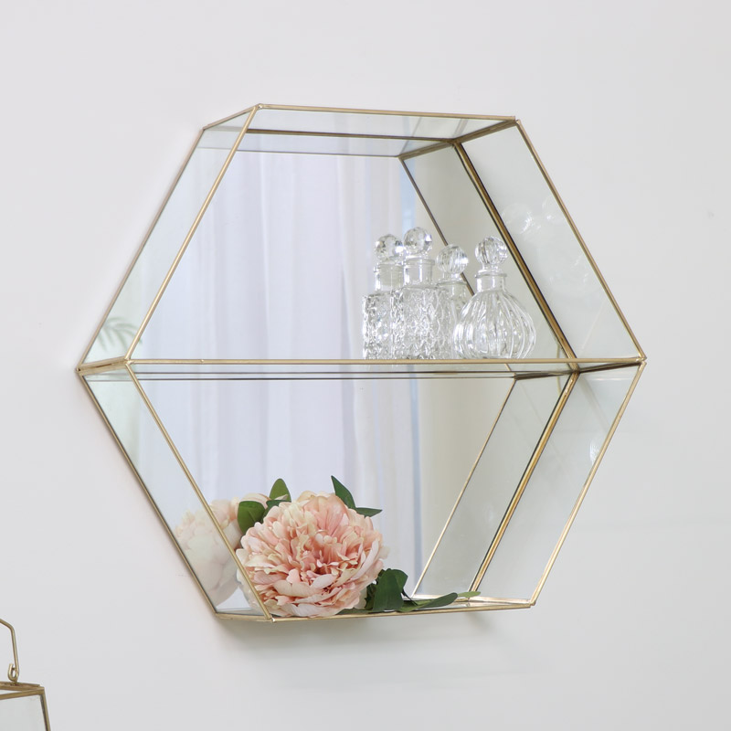 Gold Mirrored Hexagon Shelf - Rose Gold Hexagon Wall Shelves Gold Mirrored Hexagon Shelf - Rose Gold Hexagon Wall Shelves