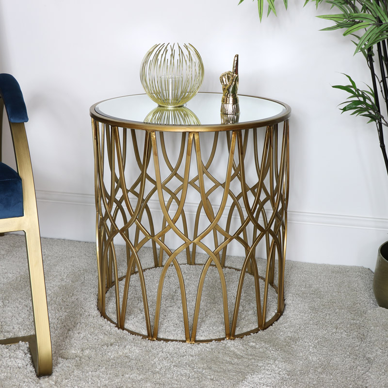 Gold Mirrored Ornate Side Table, Gold Mirrored Round Side Table