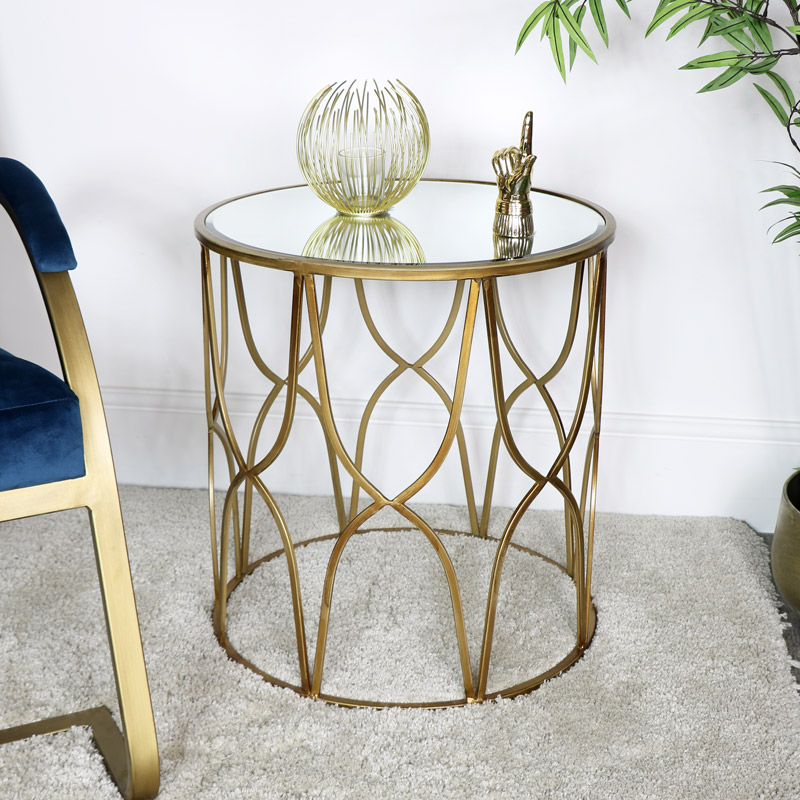 Gold Mirrored Side Table, Gold Mirrored Round Side Table
