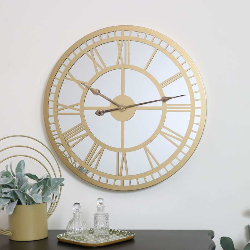 Gold Mirrored Skeleton Clock 60cm X, Large Gold Mirrored Wall Clock