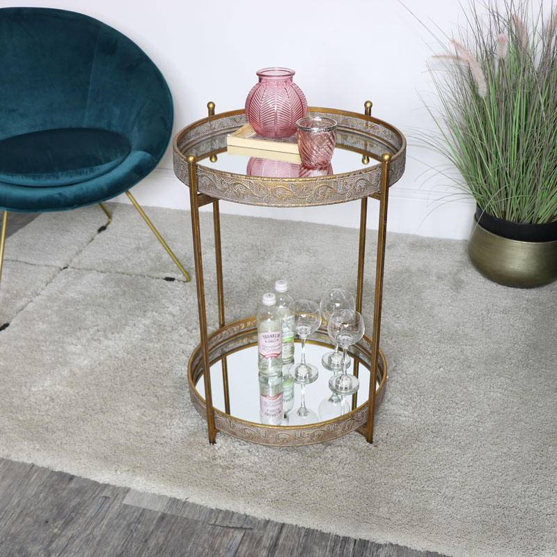 Gold Mirrored Vintage Side Table, Antique Gold Round Side Table With Vintage Mirror Top